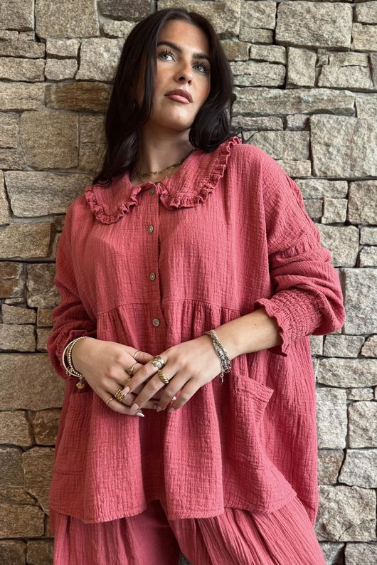 Annie Cushion Cotton Peter Pan Smock Blouse Rhubarb Rose